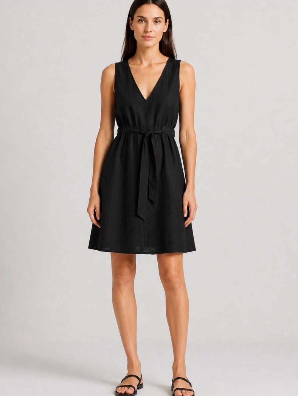 Theory Alfa Black Linen Blend V-Neck Tie Waist Dress